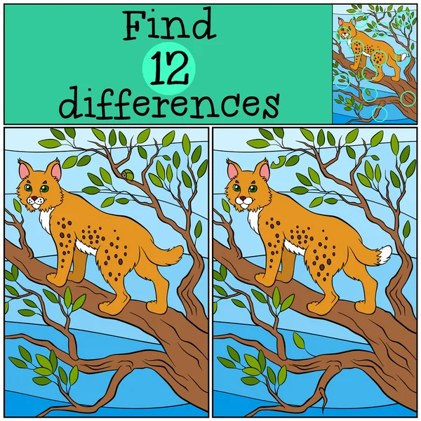 Children games: Find differences. Little cute lynx stands on the — Stock Vector
