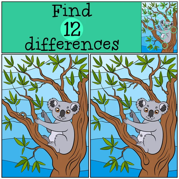 Παιχνίδια για παιδιά: βρείτε τις διαφορές. Μικρό χαριτωμένο κοάλα κάθεται σε το — Διανυσματικό Αρχείο