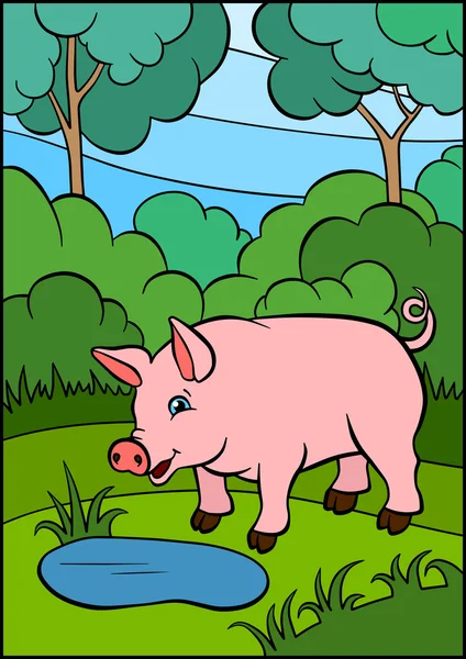 Animais de fazenda de desenhos animados para crianças. Pequeno porco bonito fica e sorri — Vetor de Stock