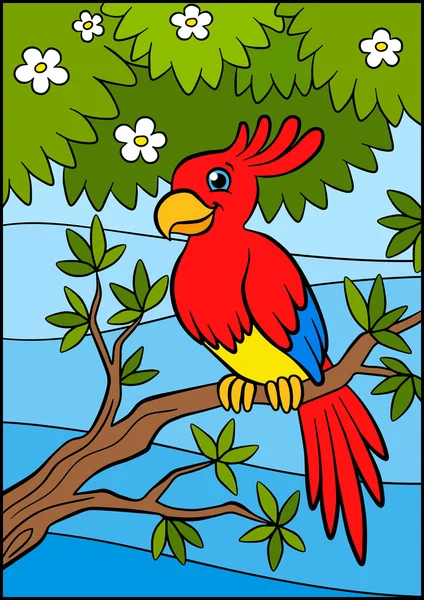 Карикатурные птицы для детей. Маленький милый попугай сидит на отрубях — стоковый вектор