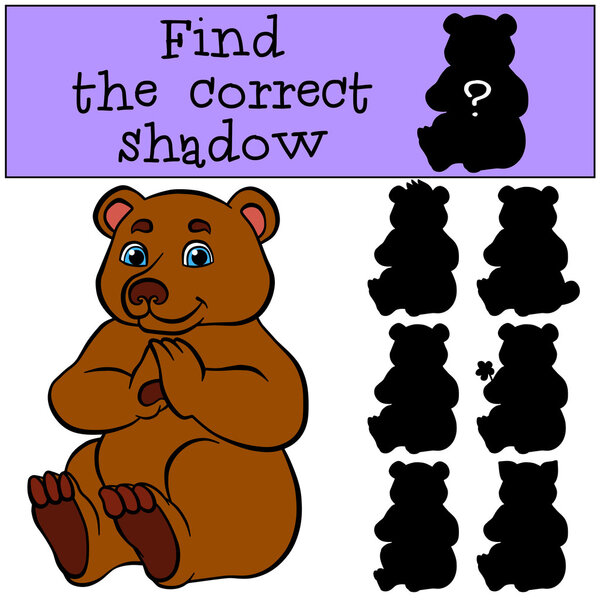 Children games: Find the correct shadow. Cute little bear sits a