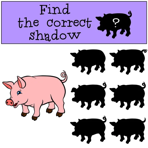 Juegos para niños: Encuentra la sombra correcta. Pequeño cerdo lindo se para — Vector de stock