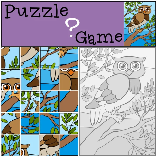 Jeux pour enfants : Puzzle. Petite chouette mignonne assise sur la branche de l'arbre . — Image vectorielle