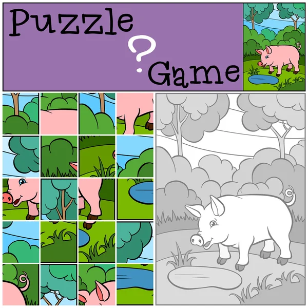Juegos para niños: Puzzle. Pequeño cerdo lindo se para en el bosque nea — Vector de stock