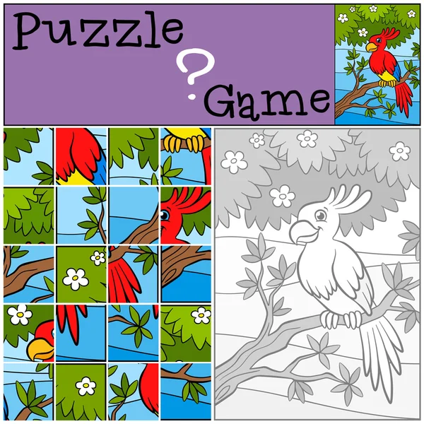 Dětské hry: Puzzle. Roztomilý papoušek sedí na stromě otruby — Stockový vektor