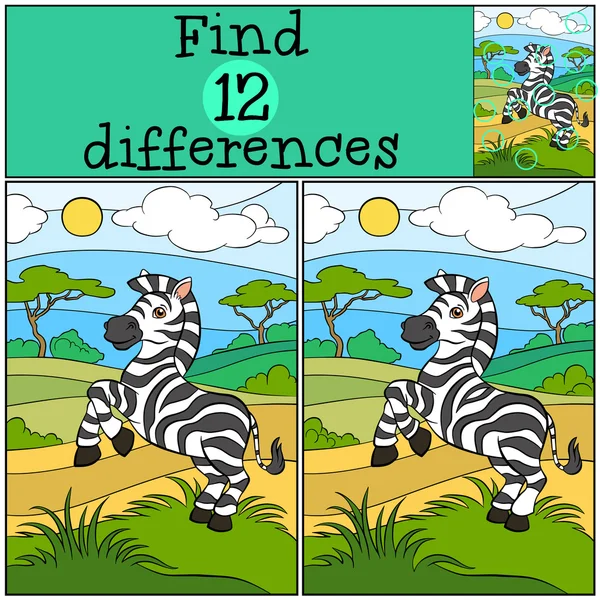 Children games: Find differences. Cute little zebra. — Stock Vector