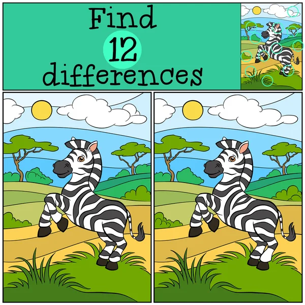 Çocuk Oyunları: bul farklılıklar. Sevimli küçük zebra.