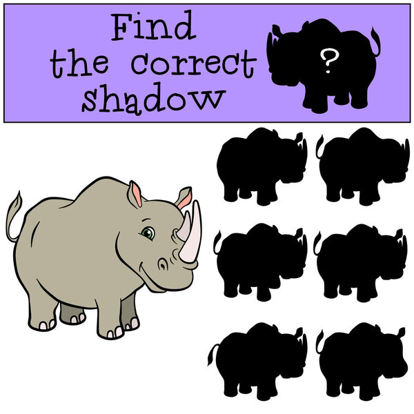Children games: Find the correct shadow. Cute rhinoceros.