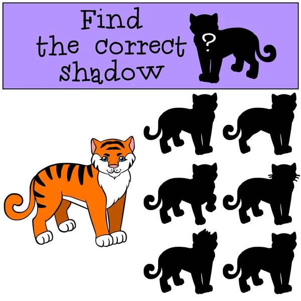 Kinderspiele: Finden Sie den richtigen Schatten. kleiner süßer Tiger. — Stockvektor