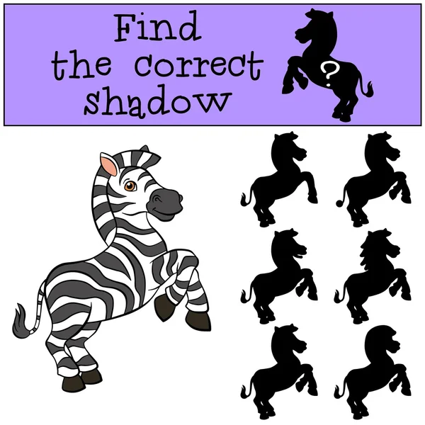 Juegos para niños: Encuentra la sombra correcta. Pequeña cebra linda . — Vector de stock