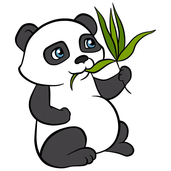 Cartoon wils animals for kids. Little cute panda eat leaves and — Stock Vector