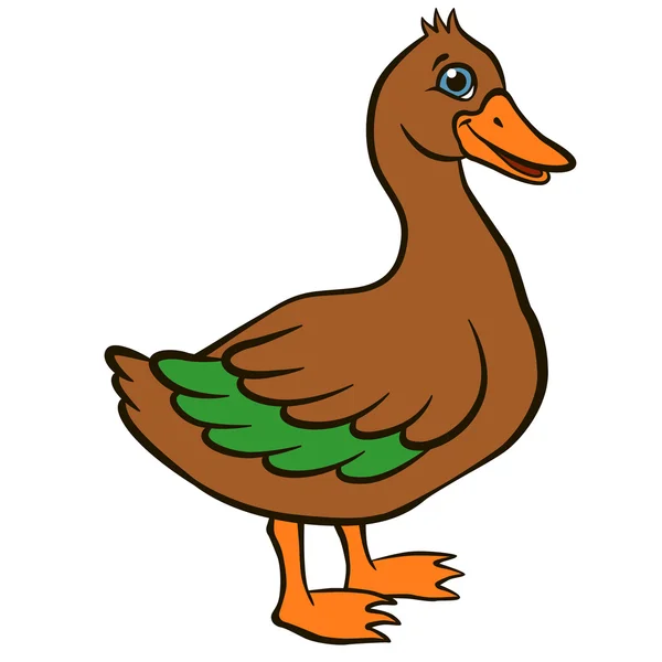 Pájaros de dibujos animados para niños. Poco lindo pato se para y sonríe . — Vector de stock