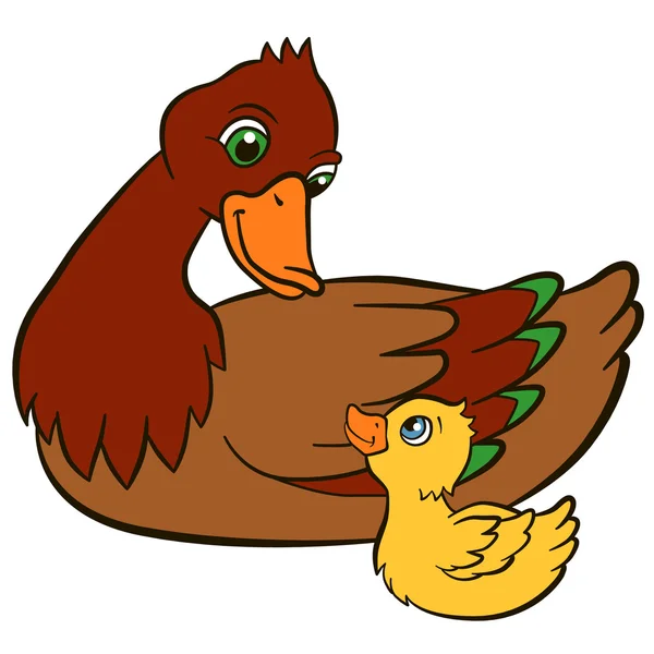 Cartoon ptaków dla dzieci. Matka kaczka z jej trochę ładny ducklin — Wektor stockowy