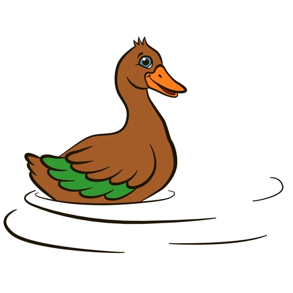 子供のための漫画の鳥。小さなかわいいアヒルが泳いで笑顔. — ストックベクタ