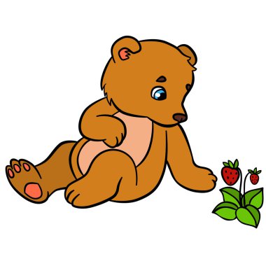 Çocuklar için karikatür hayvanlar. Küçük sevimli bebek ayı strawbe bakar