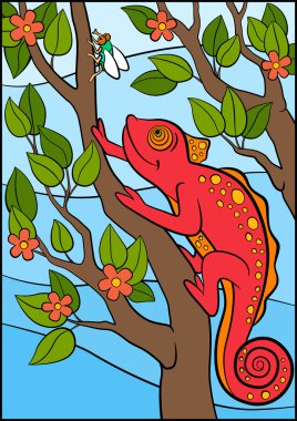 Çocuklar için karikatür hayvanlar. Küçük sevimli kırmızı bukalemun oturur 