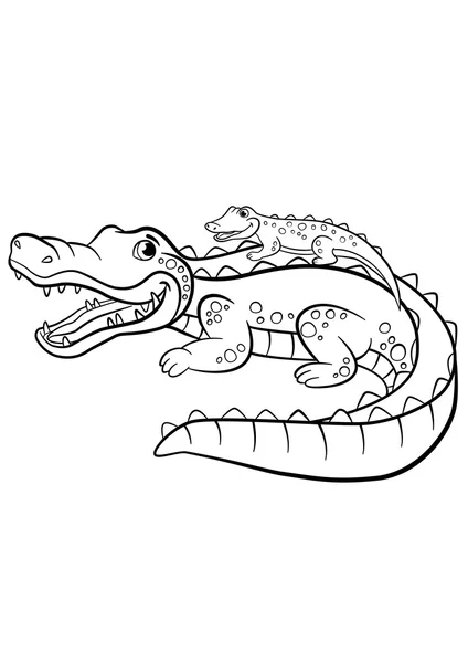 Coloriages. Des animaux. Mère alligator avec son petit b mignon — Image vectorielle