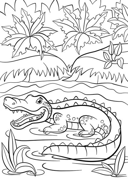 Obrazki do kolorowania. Zwierzęta. Little cute aligatora siedzi w jeziorze. — Wektor stockowy