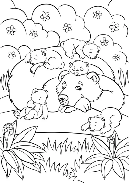 Páginas para colorir. Animais selvagens. Urso gentil olha para pouco bab bonito — Vetor de Stock