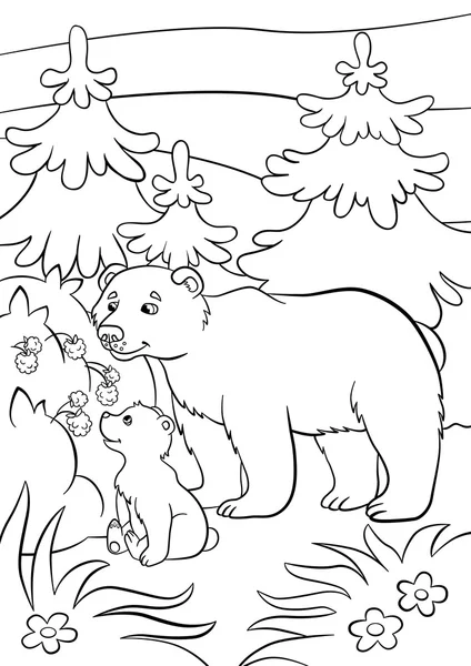 Páginas para colorir. Animais selvagens. Urso amável e bea bebê pouco bonito — Vetor de Stock