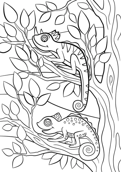 Coloring pages. Wild animals. Two little cute chameleon. — Stock Vector