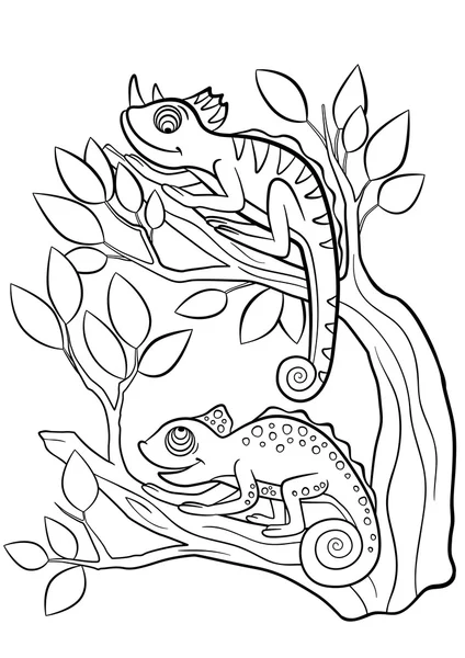 Coloriages. Des animaux sauvages. Deux petits caméléons mignons . — Image vectorielle