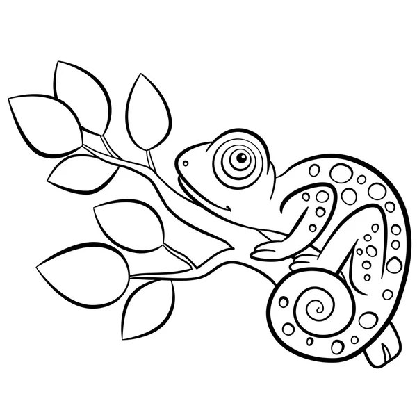 Coloring pages. Wild animals. Little cute chameleon sits on the — Stock Vector