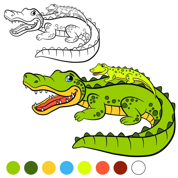 着色页。颜色我：鳄鱼。母亲鳄鱼与她的李 — 图库矢量图片