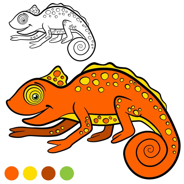 Målarbok. Färg mig: kameleont. Liten söt apelsin kameleont — Stock vektor