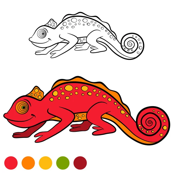 Розмальовка сторінка. Колір мене: хамелеон. Маленький милий червоний хамелеон . — стоковий вектор