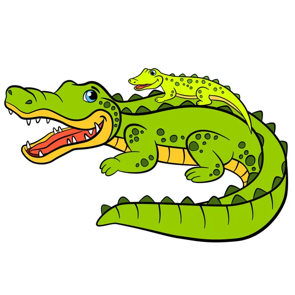 Cartoon animals for kids. Mother alligator with her little cute — Stock Vector