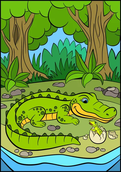 De dieren van de tekenfilm voor kinderen. Moeder alligator kijkt naar haar kleine c — Stockvector