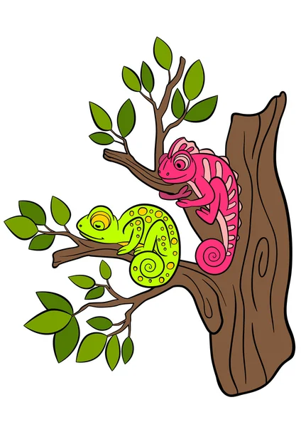 Cartoon animals for kids. Two little cute chameleons. — Stock Vector