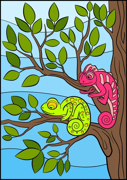 Animali dei cartoni animati per bambini. Due piccoli camaleonti carini . — Vettoriale Stock