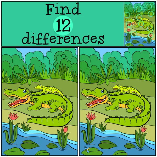 Παιδιά παιχνίδια: βρείτε διαφορές. Η μητέρα αλιγάτορα με το δικό της — Διανυσματικό Αρχείο