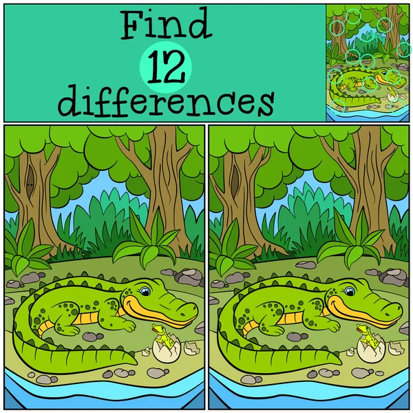 儿童游戏：查找差异。鳄鱼妈妈看着她 — 图库矢量图片