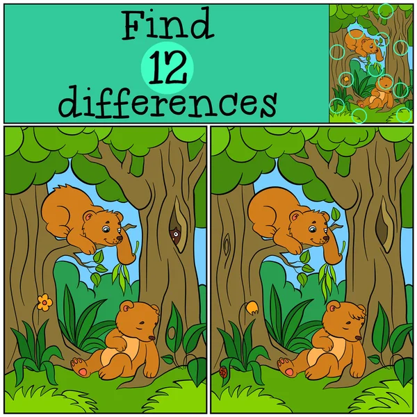 Juegos para niños: Encontrar diferencias. Dos pequeños osos bebé lindos . — Vector de stock