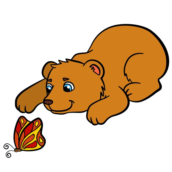 Cartoon animals for kids. Little cute baby bear looks at butterf Stock Illustration