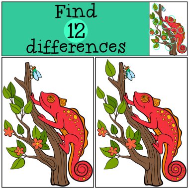 Çocuk oyunları: farklılıkları bulun. T üzerinde küçük sevimli kırmızı bukalemun