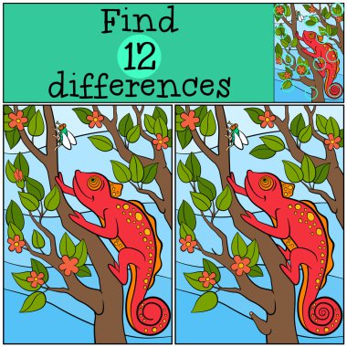 Çocuk oyunları: farklılıkları bulun. T üzerinde küçük sevimli kırmızı bukalemun