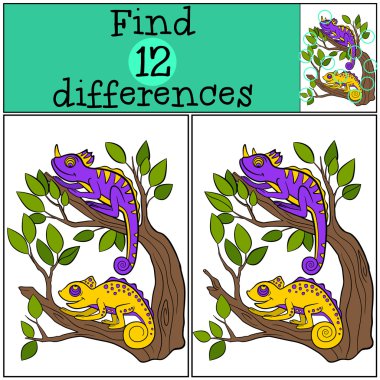 Çocuk oyunları: farklılıkları bulun. İki küçük sevimli bukalemunlar oturup