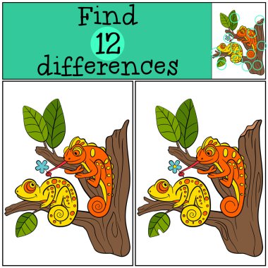 Çocuk oyunları: farklılıkları bulun. İki küçük sevimli bukalemunlar oturup