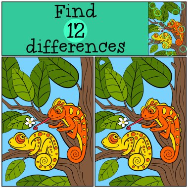 Çocuk oyunları: farklılıkları bulun. İki küçük sevimli bukalemunlar oturup