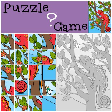 Eğitim oyun çocuklar için. Bulmaca. Küçük şirin kırmızı bukalemun bakış