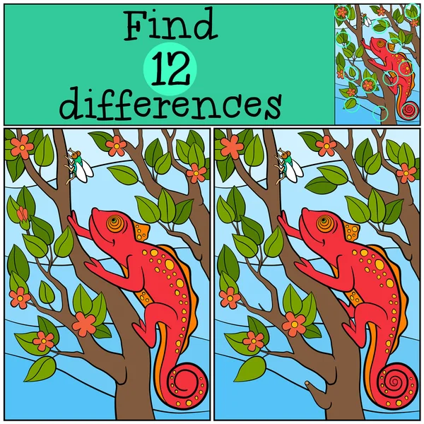 Çocuk oyunları: farklılıkları bulun. T üzerinde küçük sevimli kırmızı bukalemun