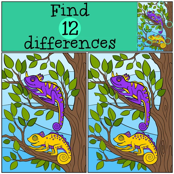 Children games: Find differences. Two little cute chameleons sit — Stock Vector