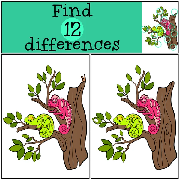 Children games: Find differences. Two little cute chameleons sit — Stock Vector