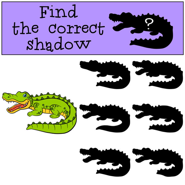 Children games: Find the correct shadow. Cute little alligator.