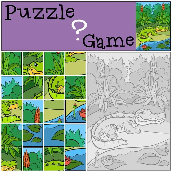 Juegos de educación para niños. Puzzle. Pequeño caimán lindo . — Vector de stock