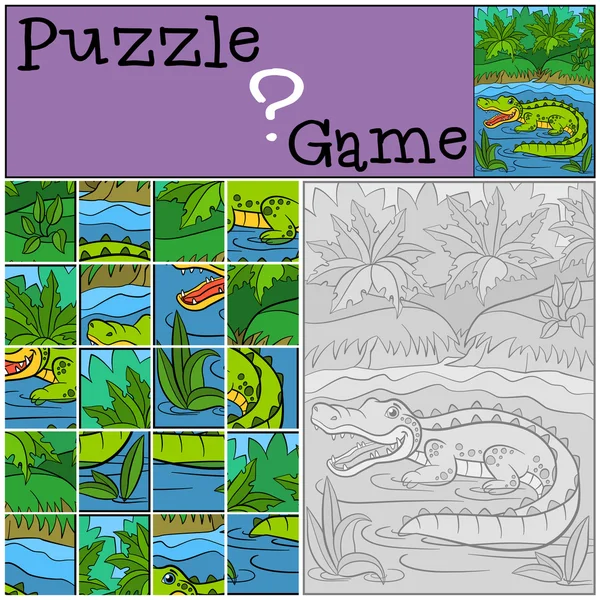 Juegos de educación para niños. Puzzle. Pequeño caimán lindo . — Vector de stock